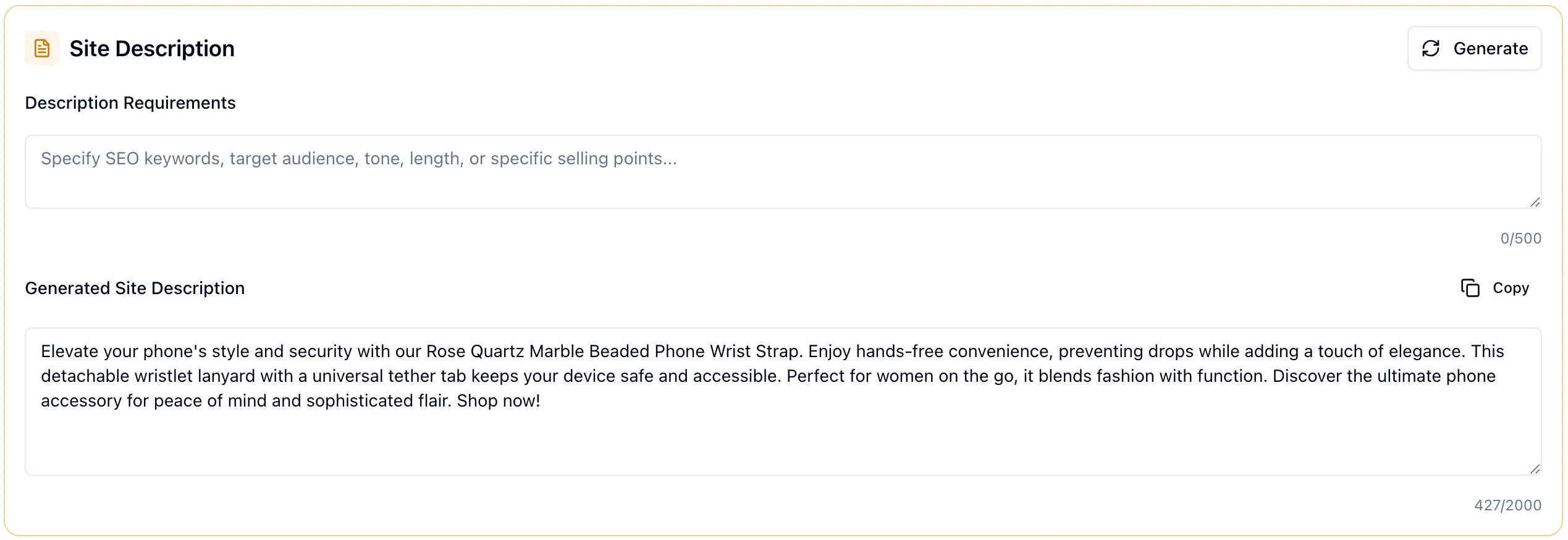 AI-generated product descriptions with SEO keywords and persuasive copy for online store listings