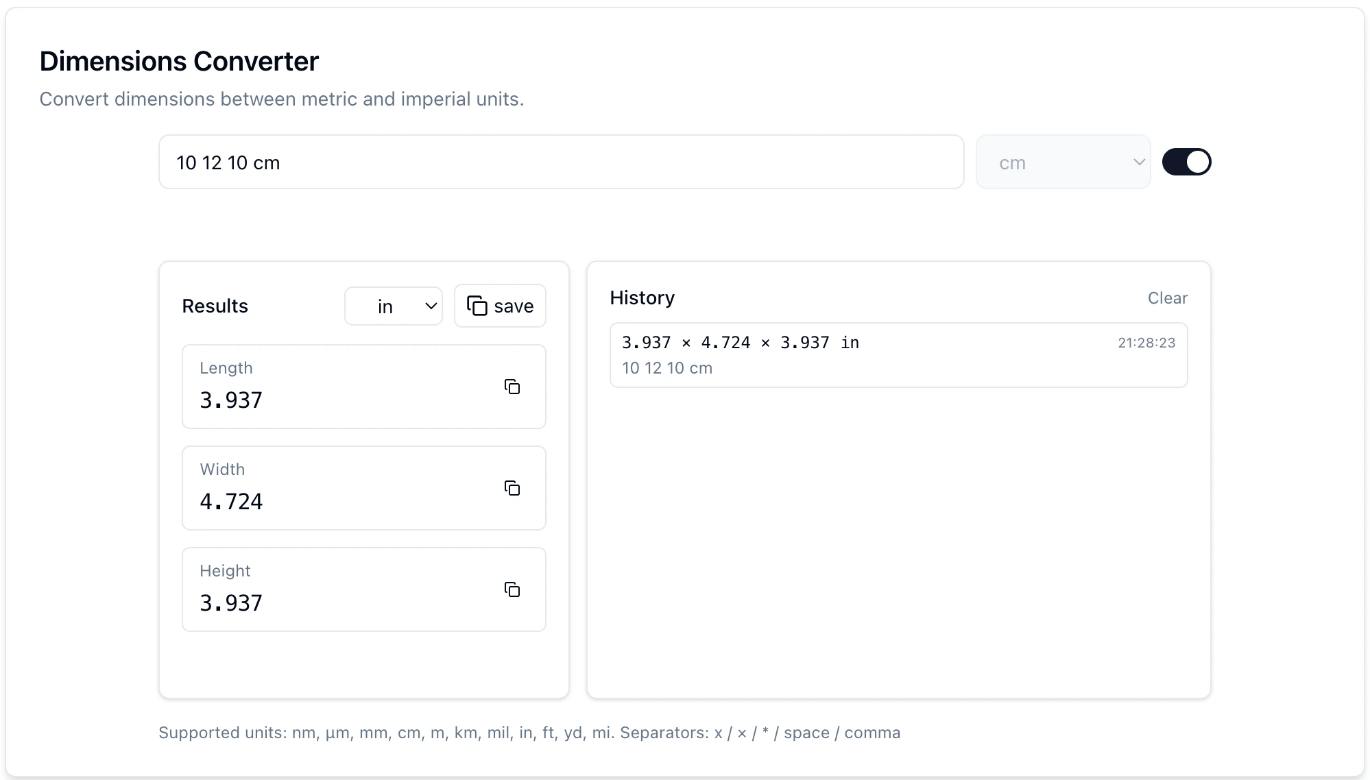 Dimension unit converter tool for e-commerce sellers converting inches, centimeters, and metric measurements
