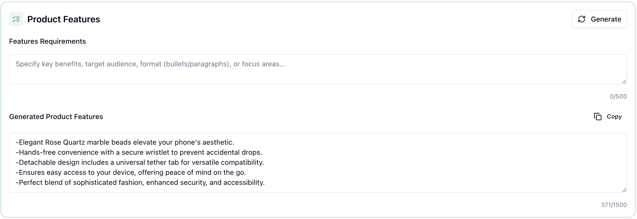 AI-powered product features generator creating compelling bullet points and key selling points for e-commerce listings