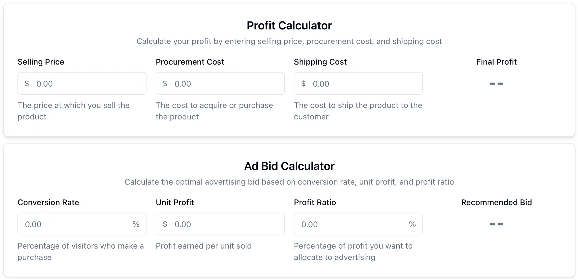 Profit and ad bid calculator tool